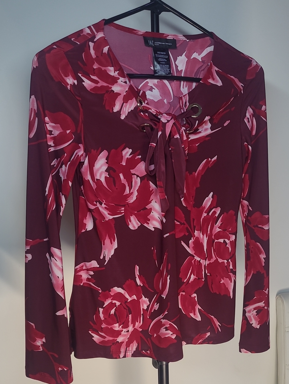 INC International Concepts Burgundy Red Floral Lace-Up Long Sleeve Top Sexy XS